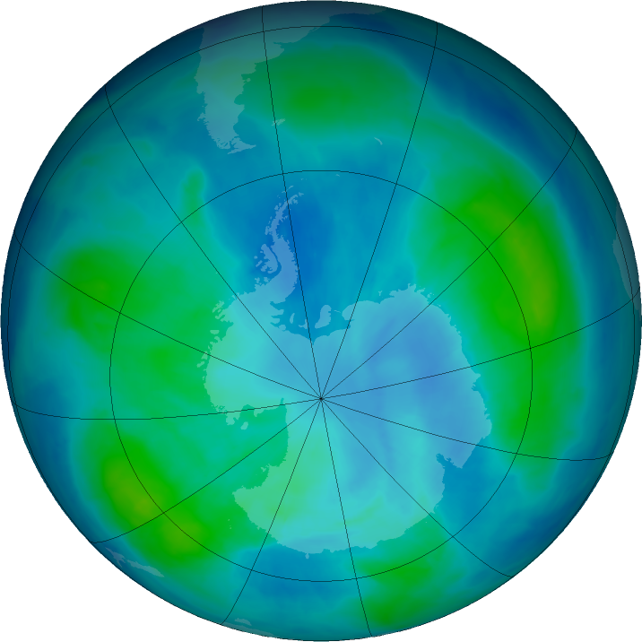 Antarctic ozone map for 29 February 2016